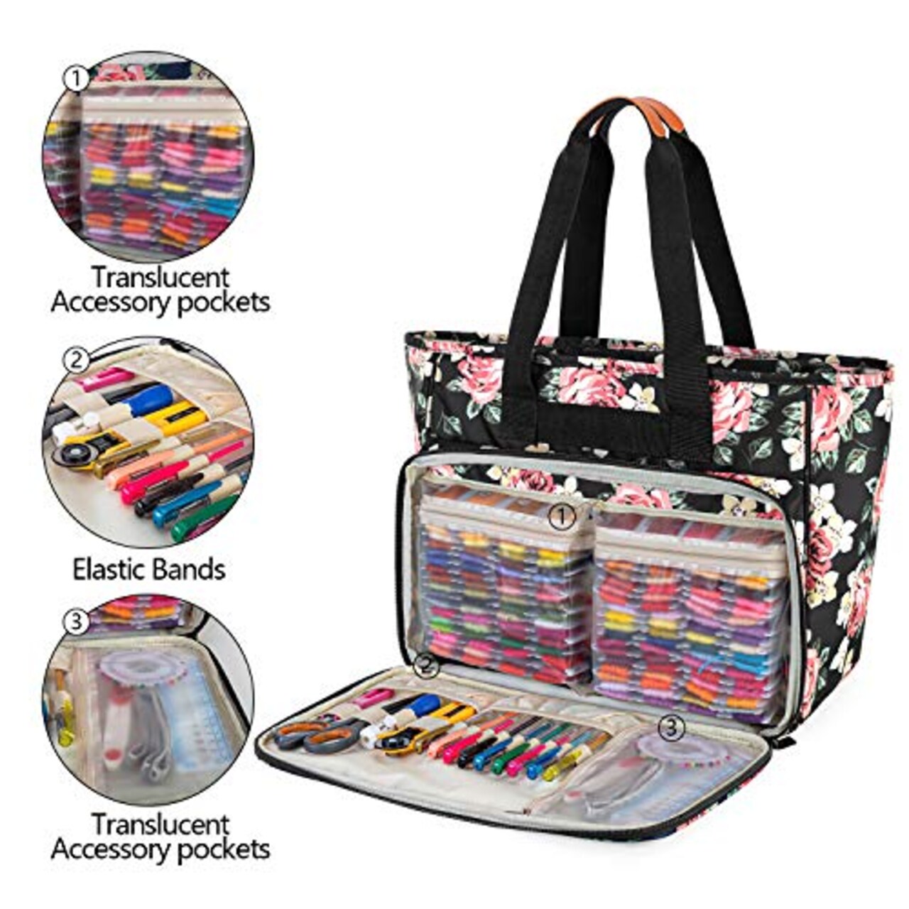 Embroidery Project Bag, Embroidery Kits Storage Bag with Multiple Pockets for Embroidery Hoops (Up to 11.2"), Embroidery Floss or Other Embroidery Supplies, Black Peony (Bag Only)